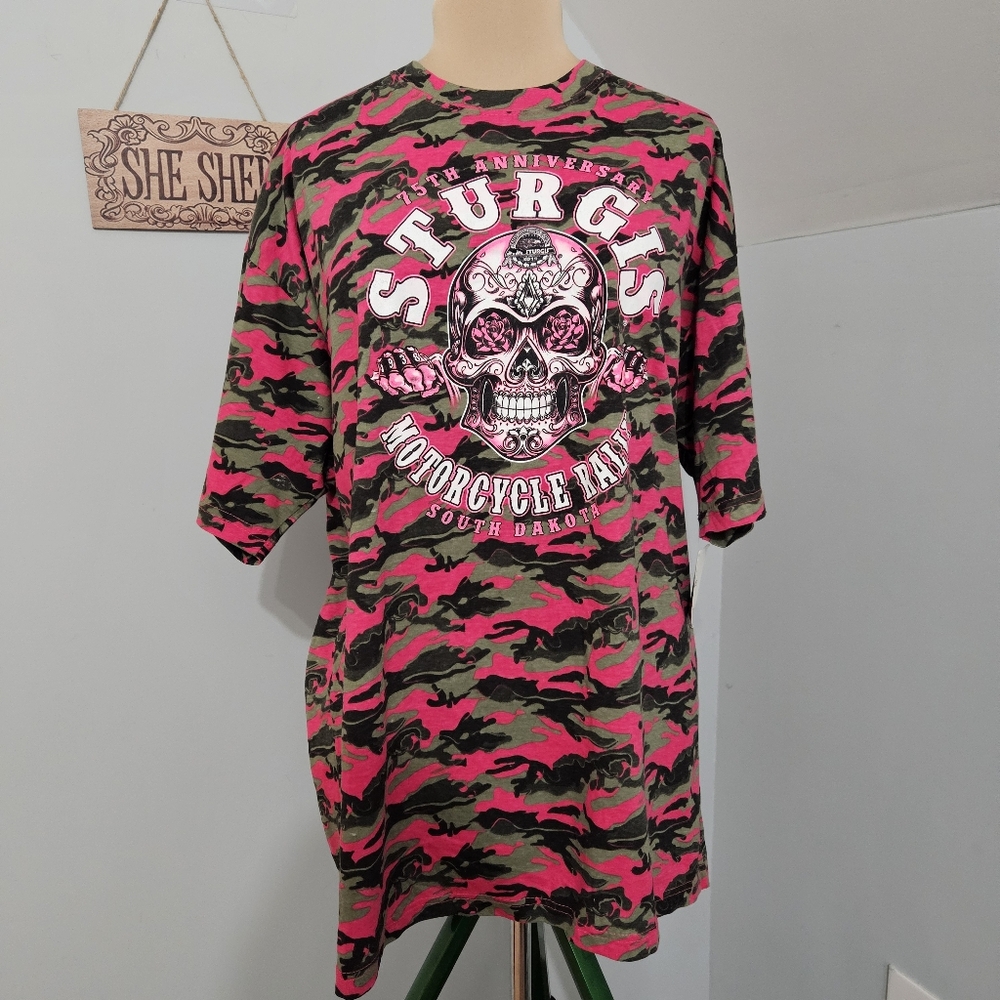 New Sturgis 75th Anniversary Pink Camo Skull Graphic Plus Size T-Shirt 2XL Tee - Picture 2 of 14